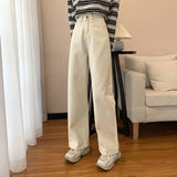 2024 New Korean Style Retro White Jeans Women's Loose Straight Dad Trousers Slim All-Match Wide Leg Pants