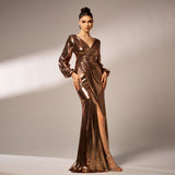 2025 new temperament V-neck long-sleeved long bronzing banquet hip-wrapped evening dress bridesmaid dress women