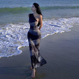 2025 Holiday style ink painting dress women's summer tie-dye mesh dress sexy temperament hip-wrapped dopamine dress