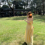 2025 super fairy pure desire one-word shoulder yellow chiffon dress seaside vacation sweet bow tube top long dress women