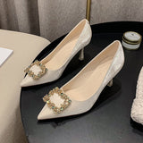 2025 775-9 square buckle rhinestone banquet red wedding shoes women's pointed head stiletto silk high heels bride bridesmaid Xiuhe shoes