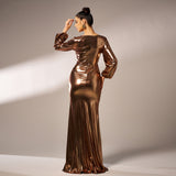 2025 new temperament V-neck long-sleeved long bronzing banquet hip-wrapped evening dress bridesmaid dress women