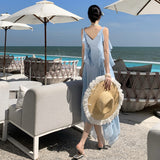 2025 Beautiful dopamine island vacation dress women's blue seaside super fairy beach dress photo elegant suspender dress