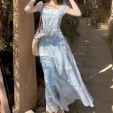 2025 fairy vacation wind embroidered blue dot dress women's new high waist and thin flying sleeve long dress summer