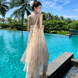 2025 New Chinese-style fake two-piece streamer smudged mesh backless suspender dress women's morning robe vacation style seaside long skirt