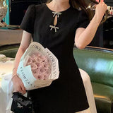 2025 Thousand gold wind bow short-sleeved dress women's summer new high-end temperament waist and thin skirt