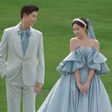 2025 Tube top light wedding dress 2025 new blue bride wedding photo temperament dress sexy banquet hosting photo