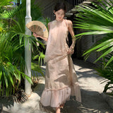2025 Seaside vacation travel wear new Chinese atmosphere mesh stitching super fairy lace neck dress temperament