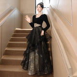 Black evening dress women's 2025 new banquet long-sleeved  winter vocal art test skirt light luxury niche dress