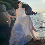 2025 Holiday wind neck halter morning gown bride go out dress super fairy pendulum white light wedding dress fairy dress