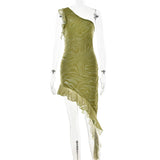 2025 New  summer hot-selling new sexy temperament fashion diagonal neck mesh splicing hip dress