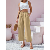 New  Cross Border Women's Pants High Waist Lotus Leaf Elastic Waist Simply Cotton and Linen Cropped Pants Casual Pants