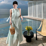 2025 Sweet bow strap neck dress women's summer new seaside vacation wind loose knee thin dress