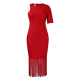 2025 D357 New 2025 Large Size Women's Clothing 2023 Summer New Solid Color Hip Wrap Fringed Pencil Dress African Dress
