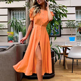 NAMCOVERSE Summer  Cross-Border European and American New Pure Color Elegant Slim High Waist Cardigan Button Mid-Length Dress