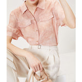 2025 Bubble Sleeve Silk Shirt 16 Mmi Pink Mulberry Silk Shirt Imitation Denim  Women's Summer Short Sleeve Top
