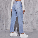 Ripped Jeans for Women 2024 New European and American Fashion Water Washed Hole High Waist Straight-Leg Pants