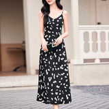 High-End Imitation Acetate Print Dress Spring and Summer 2024 New Elegant Sexy V-neck Sleeveless Suspender Dress