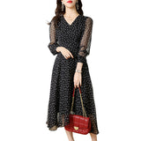 2025 Polka dot mulberry silk skirt  summer new V-neck long sleeves, medium and long silk dress temperament women's clothing