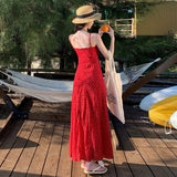 2025 Summer new pure desire red strap halter suspender floral dress women's waist thin seaside vacation dress