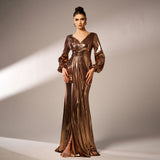 2025 new temperament V-neck long-sleeved long bronzing banquet hip-wrapped evening dress bridesmaid dress women