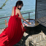 2025 Sanya vacation dress red halter split beach dress seaside photo clothes super fairy neck suspender skirt