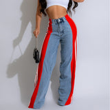 2024 Summer Fashion Stitching Three Striped Wide Leg Denim Trousers Women's New Casual High Waist Stretchy Straight-Leg Pants