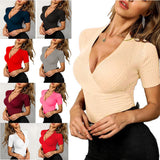 NAMCOVERSE Spring and Summer New European and American  Popular V-neck Sexy Slim Knit Solid Color Short Sleeve T-shirt Top Women's Clothing