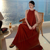 2025 New Chinese retro red shoulder digging holiday dress summer dopamine neck strap holiday beach dress