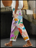 Spring New Women's Casual Printed Elastic Waist with Pockets Cropped Straight Pants