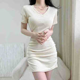 Pure Hot Girl V-neck Short Sleeve Dress Women's Summer Tight Elastic Pleated Hip Skirt Hollow-out Midriff Short Skirt