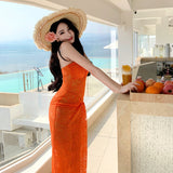 2025 Thailand Sanya seaside vacation orange hollow lace hip wrap pleated tube top pure desire sexy dress beach dress