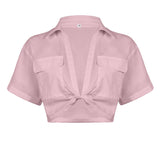 NAMCOVERSE T24450  European and American Style Women's Clothing Sexy Short Exposed Navel Twisted Solid Color Polo Collar Shirt/T-shirt Top