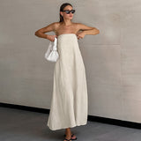 2024 Summer European and American Sexy Khaki Cotton and Linen Tube Top Dress Women's Vacation Casual Waist Tight A- line Skirt Women's Clothing