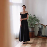 2025 Temperament simple light wedding dress black shoulder  dress thin slim wedding dress toast clothes wholesale