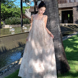 2025 New Chinese-style fake two-piece streamer smudged mesh backless suspender dress women's morning robe vacation style seaside long skirt