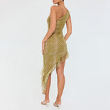 2025 New  summer hot-selling new sexy temperament fashion diagonal neck mesh splicing hip dress
