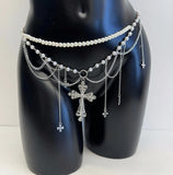 LH4758 2025 New cross fringed waist chain women's decorative body chain, imitation pearl retro beaded waist chain