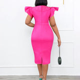 2025 Hot trade large size women's clothing popular new round neck lotus leaf sleeve slit nail bead hip wrap OL dress dress 2025 dress