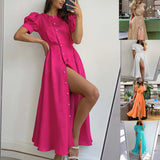 NAMCOVERSE Summer  Cross-Border European and American New Pure Color Elegant Slim High Waist Cardigan Button Mid-Length Dress