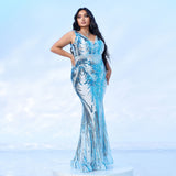 2025 Popular trade  fat mm large size women's clothing long sleeveless V-neck banquet slim sequined evening dress dress