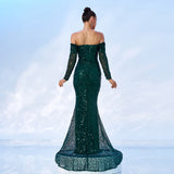 2025 new temperament one-word collar long-sleeved long sequined banquet fishtail evening dress bridesmaid dress dress