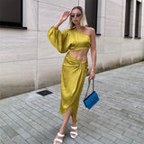 European and American Style Za Women's Clothing 2024 Summer New Silk Satin Texture Midriff Outfit One Shoulder Sexy Light Luxury Dress High Sense