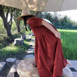 Ankola red, pure cotton long skirt, pinch pleated large skirt, pocket dress, autumn women's high sense B0925