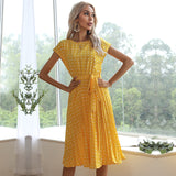 NAMCOVERSE Independent Station Cross-Border Summer Hot Sale European and American Mid-Length Dress Short Sleeve Lace-up Polka Dots Pleated Dress