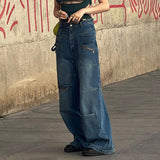 American-Style Tall Multi-Pocket Zipper Worn Jeans Women's 2024 New Ribbon Straight Wide-Leg Trousers