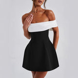 NAMCOVERSE 2025 Spot! Real shot - one-word shoulder bow dress sexy dress New temperament slim-fitting contrasting color dress