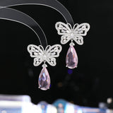 2025 Light luxury fashion water drop zircon butterfly stud earrings women's s925 silver needle high-end temperament super fairy sweet personality earrings