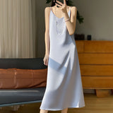 Silk 2024 Summer Women's New V-neck Slim Fit Inner Wear Dress Satin Sexy Socialite Suspender Dress Long Skirt