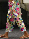 Spring New Women's Casual Printed Elastic Waist with Pockets Cropped Straight Pants